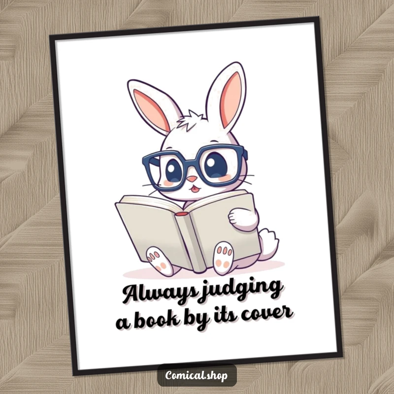 Funny Free Printable Wall Art: An adorable bunny wearing oversized glasses is engrossed in a giant book, perfect for a quirky room.