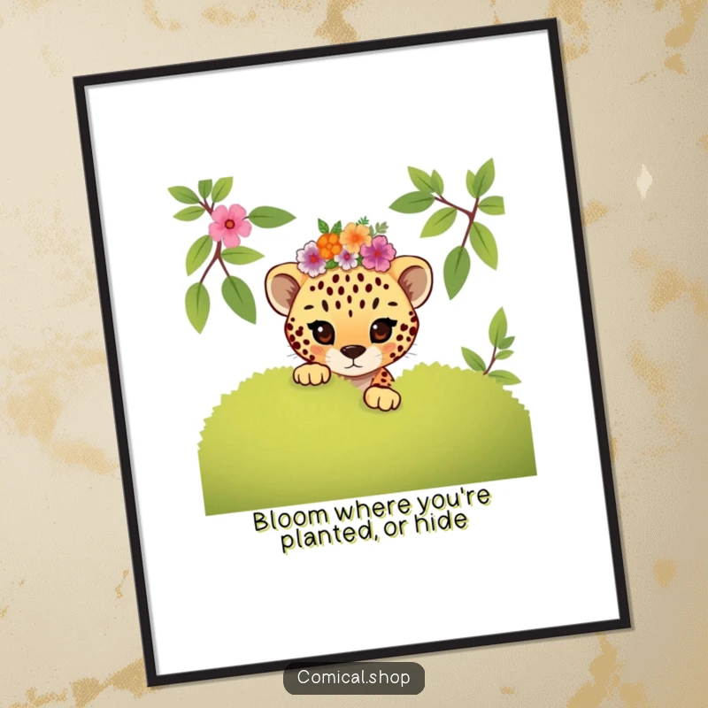 Funny Free Printable Wall Art: Mischievous cheetah cub in floral crown peeking from behind a bush, adding playful decor.