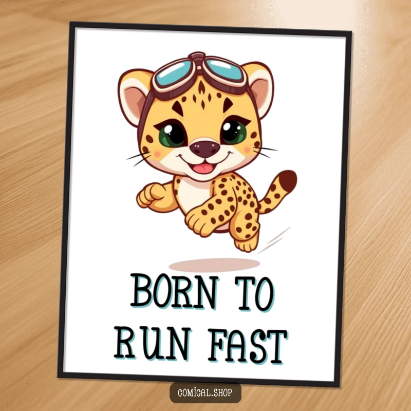 Funny Free Printable Wall Art: A cute cheetah cub in tiny racing goggles, speeding forward with an infectious grin and wild energy.