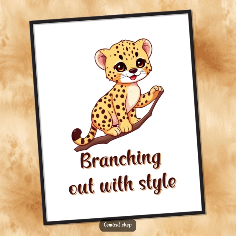 Funny Free Printable Wall Art: A cheetah cub showcases amazing balance on a precarious thin branch, bringing jungle vibes home.
