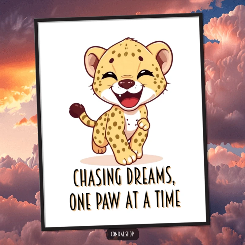 Funny Free Printable wall art: A giggling cheetah cub is caught mid-chase, joyfully pursuing its tail with boundless energy.