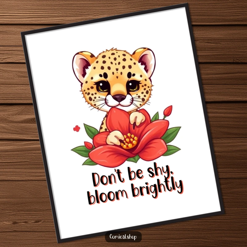 Funny Free Printable Wall Art: Cheetah cub playfully peeking from behind a large red flower, adding a touch of gentle humor.