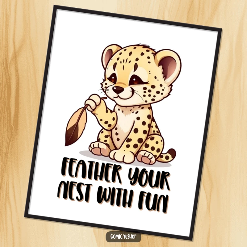 Funny Free Printable Wall Art: A cheetah cub energetically bats at a dangling feather, full of playful curiosity.