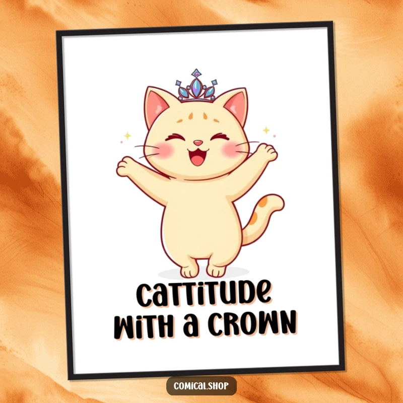 Funny Free Printable Wall Art: Happy cat wearing a sparkling tiara doing a graceful twirl, adding charm and humor.