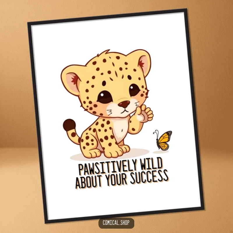 Funny Free Printable Wall Art: Playful cheetah cub mid-pounce on a butterfly, adding a touch of wild humor to any room.