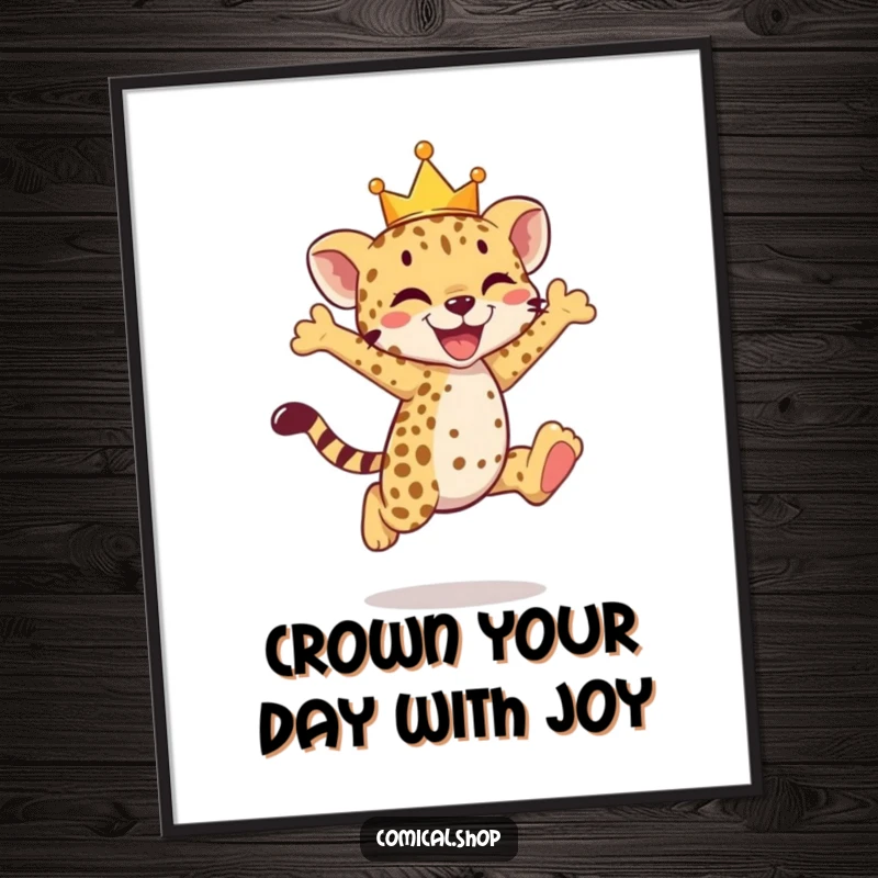 Funny Free Printable Wall Art: A cheetah cub wearing a tiny crown is captured mid-leap with pure delight.