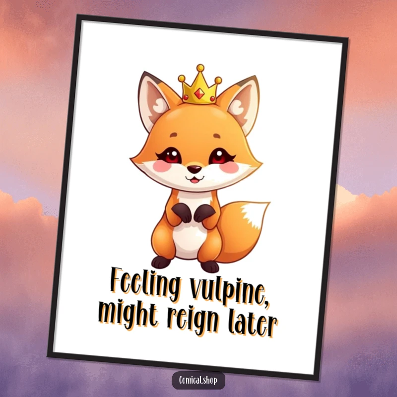 Funny Free Printable Wall Art: Cute fox wearing a tiny crown striking a playful pose, adding regal humor to any room.