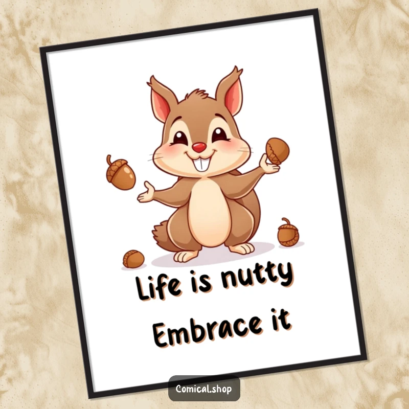 Funny Free Printable Wall Art: A happy squirrel with a wide grin expertly juggles acorns, bringing playful woodland energy to your home.