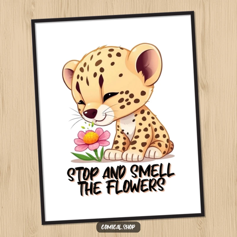 Funny Free Printable Wall Art: A curious cheetah cub captivated by a colorful flower, sniffing with wide-eyed wonder and innocent delight.
