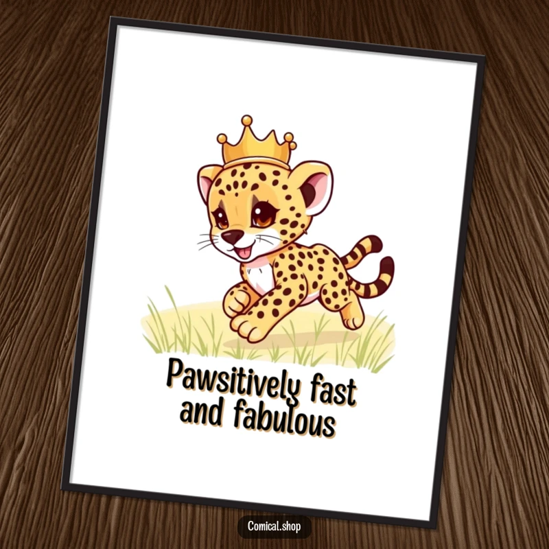 Funny Free Printable Wall Art: Cute crowned cheetah cub playfully zooms across a field, bringing speed and joy.