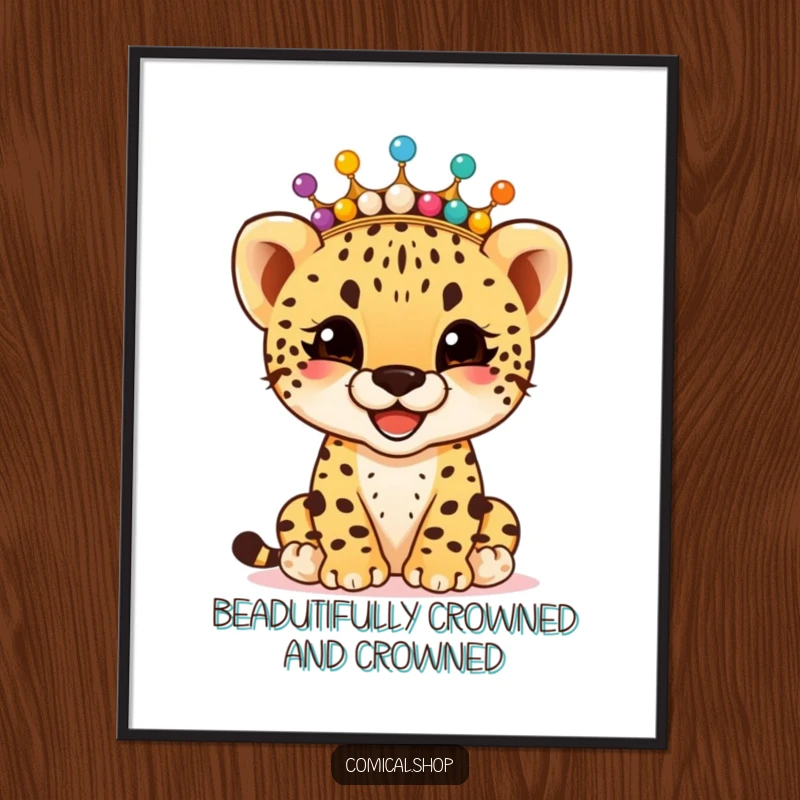 Funny Free Printable Wall Art: Giggling cheetah cub dons a crown made of colorful beads, spreading joy.