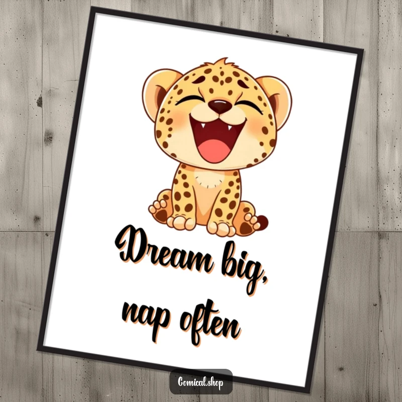 Funny Free Printable wall art: A cheetah cub looks utterly content, letting out a big, happy yawn.