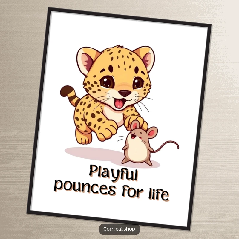 Funny Free Printable Wall Art: A cute cheetah cub excitedly pouncing on a toy mouse, capturing playful energy and joy.