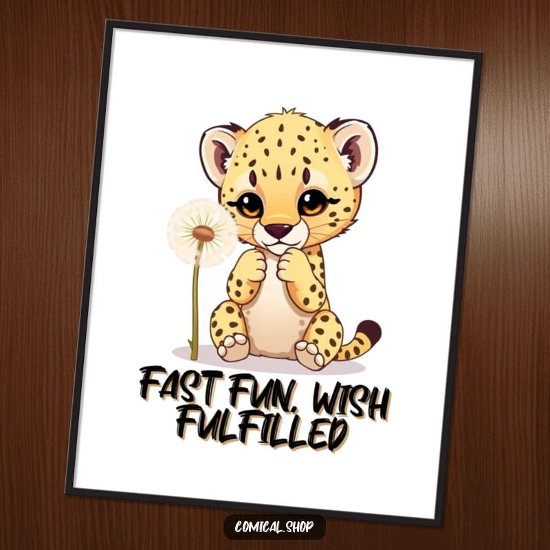 Funny free printable wall art of an adorable cheetah cub playfully batting at a fluffy dandelion with its curious paws.
