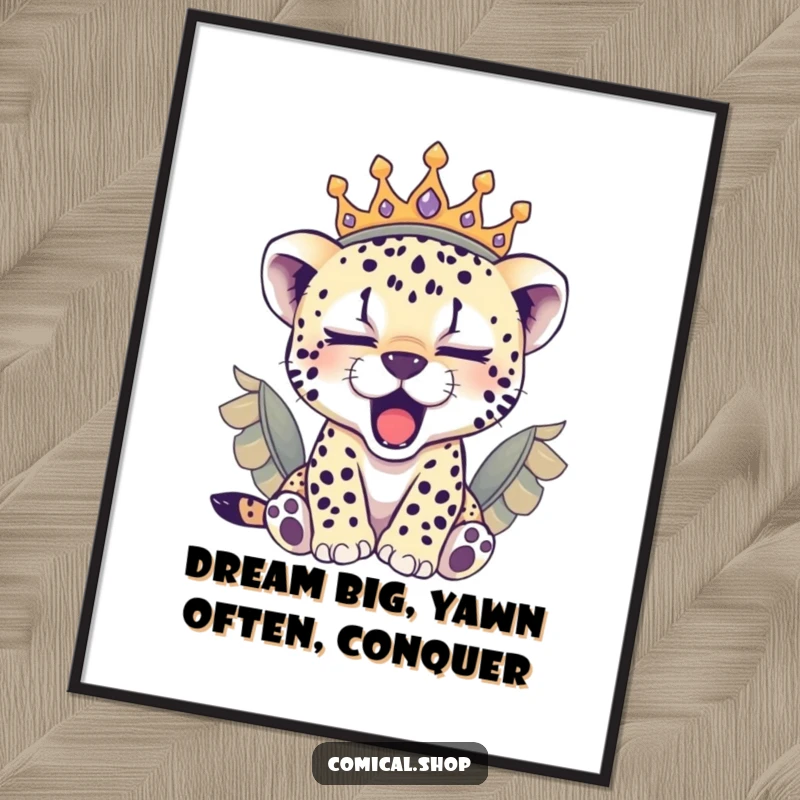 Funny Free Printable Wall Art: Sleepy cheetah cub in a feathered crown, yawning peacefully, ideal for serene decor.