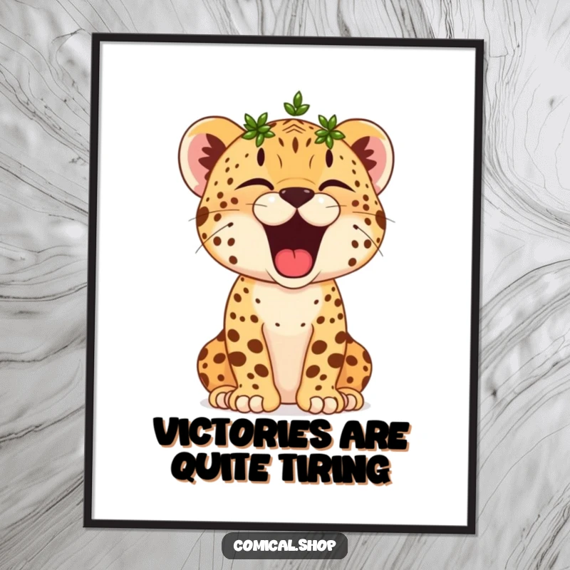 Funny Free Printable Wall Art: A cheetah cub with a tiny laurel wreath on its head looks incredibly relaxed as it yawns widely.
