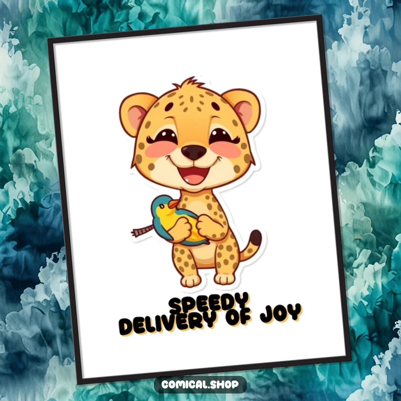 Funny Free Printable Wall Art: A smiling cheetah with a tiny bird, bringing quirky charm and wild humor to any room.
