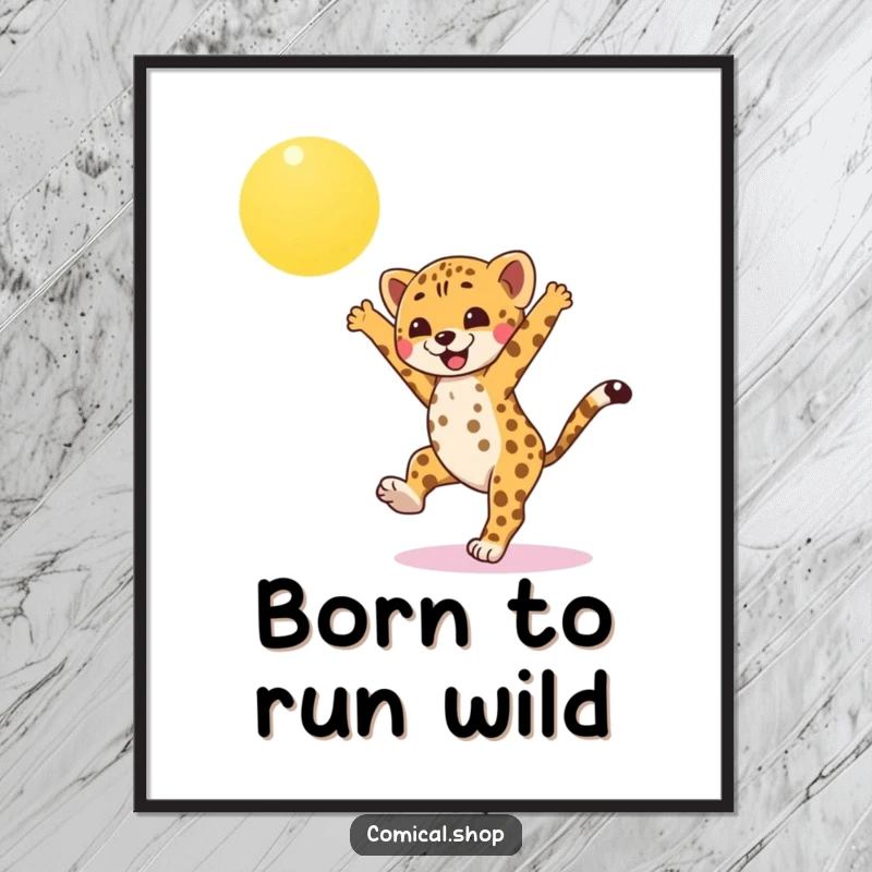 Funny Free Printable Wall Art: An energetic cheetah cub doing a joyful cartwheel under a bright, cartoon sun.