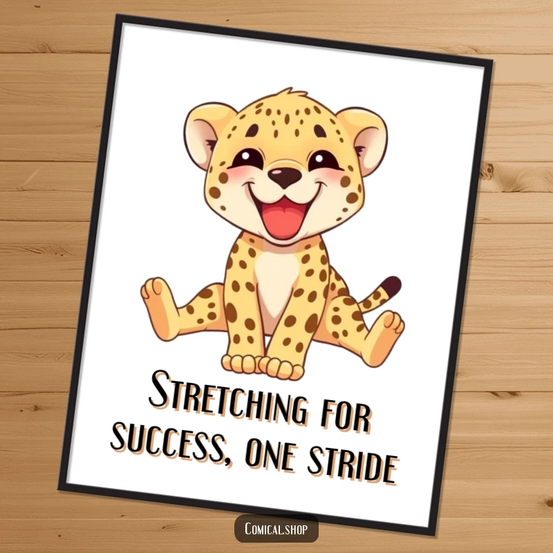 Funny Free Printable Wall Art of a happy cheetah cub grinning while adorably stretching its long legs.