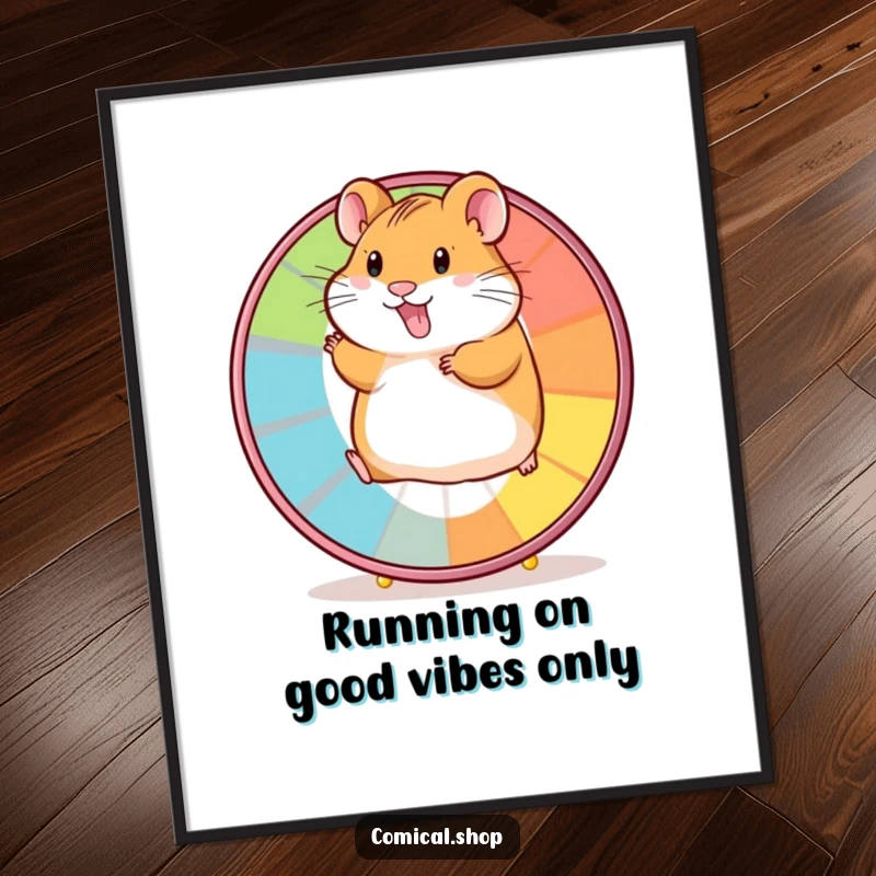 Funny Free Printable Wall Art: A happy hamster runs on a colorful wheel, creating dynamic and humorous downloadable art for any room.