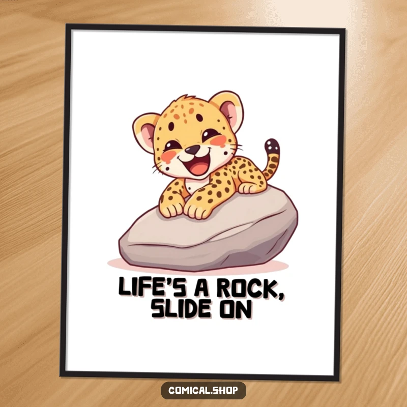 Funny Free Printable Wall Art: Cheetah cub sliding down a rock with a happy yelp, bringing kinetic humor to your space.