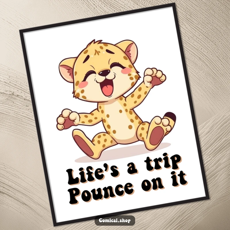 Funny Free Printable Wall Art depicting a cheetah comically tripping over its paws with a surprised yelp.