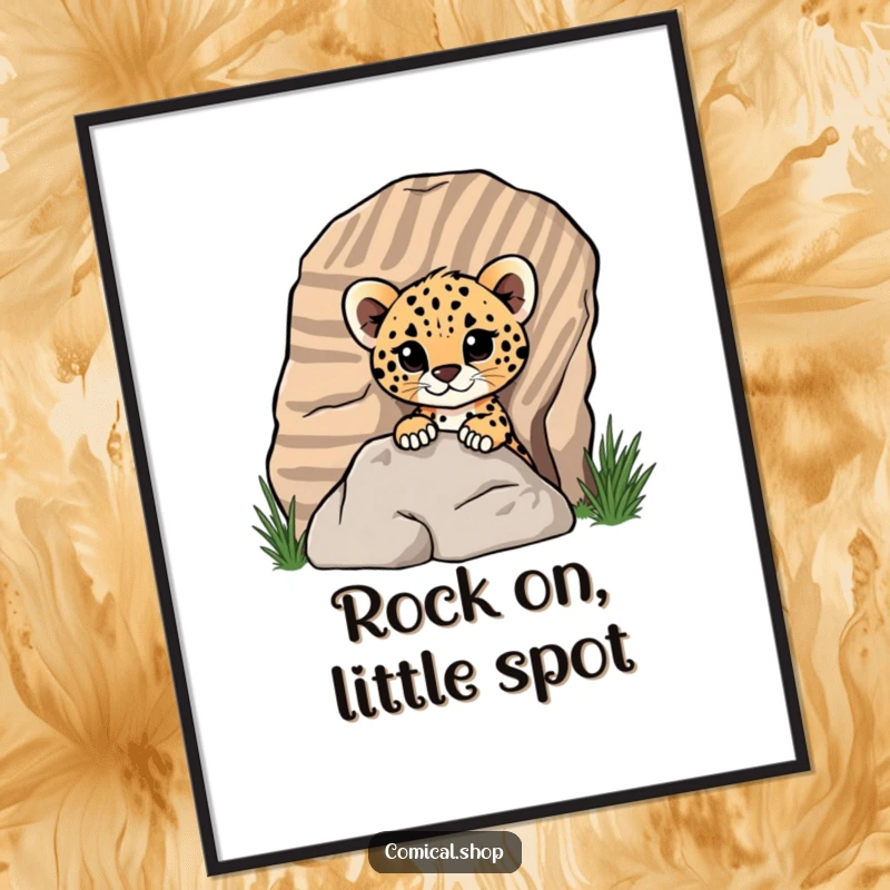 Funny Free Printable Wall Art: A curious cheetah cub peeking playfully from behind a large striped rock, bringing jungle humor home.