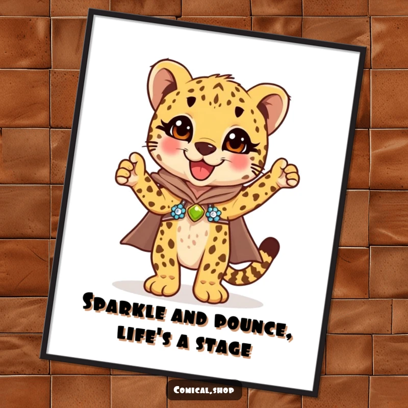 Funny Free Printable Wall Art: Cheetah cub in a sparkly sequined cape, posing triumphantly, adding fun decor.