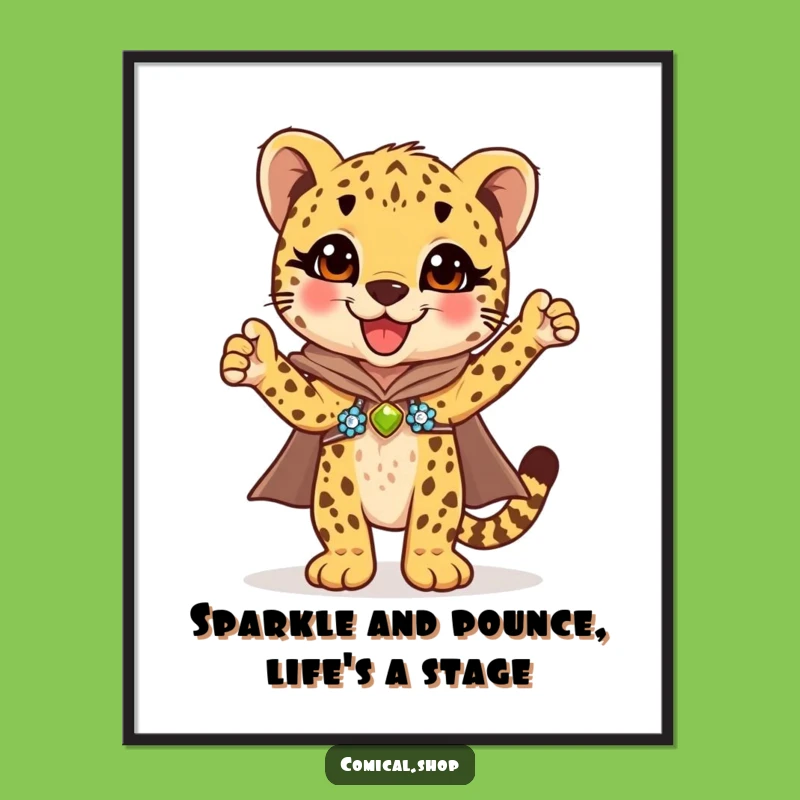 Free Printable Wall Art: Triumphant Cheetah Cub Sequin Style, Funny Downloadable Decor Gift!