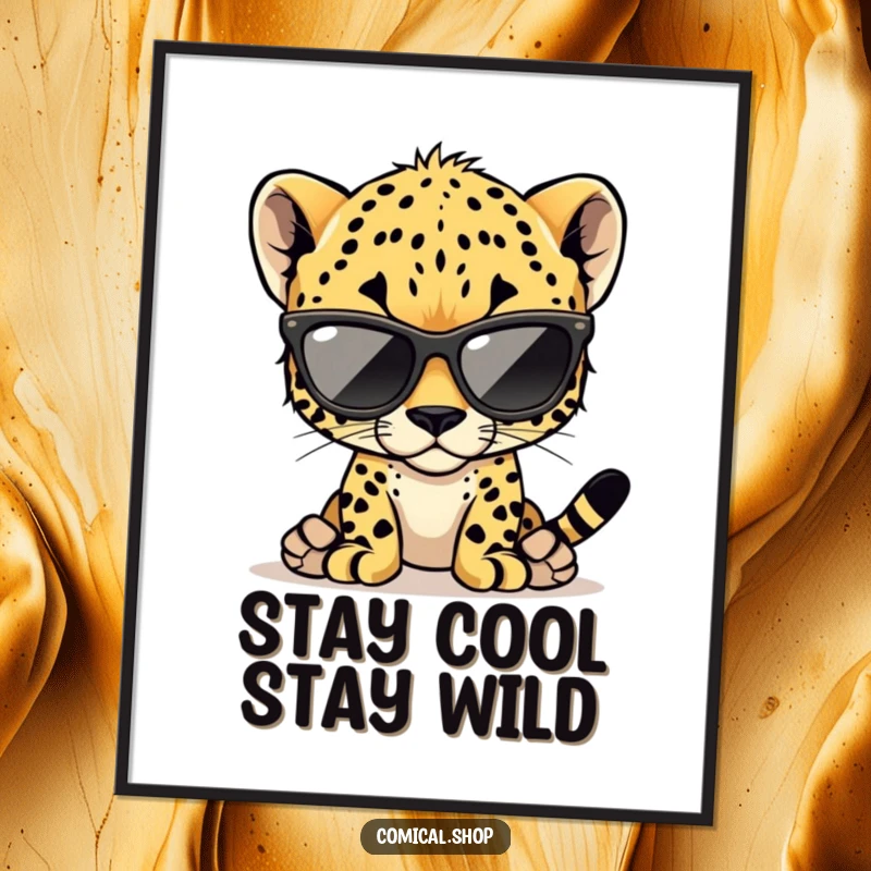 Funny Free Printable Wall Art featuring a cheetah cub wearing oversized sunglasses, striking a cool and confident pose.