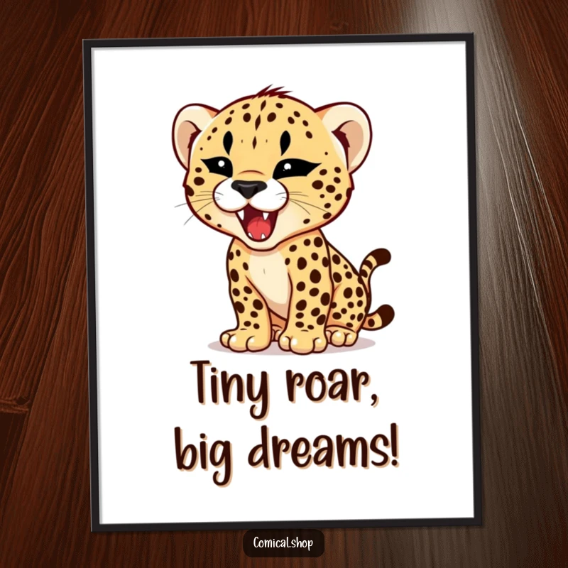 Funny Free Printable Wall Art: A cheetah cub with a tiny, fierce expression, practicing its mighty roar, full of wild energy.