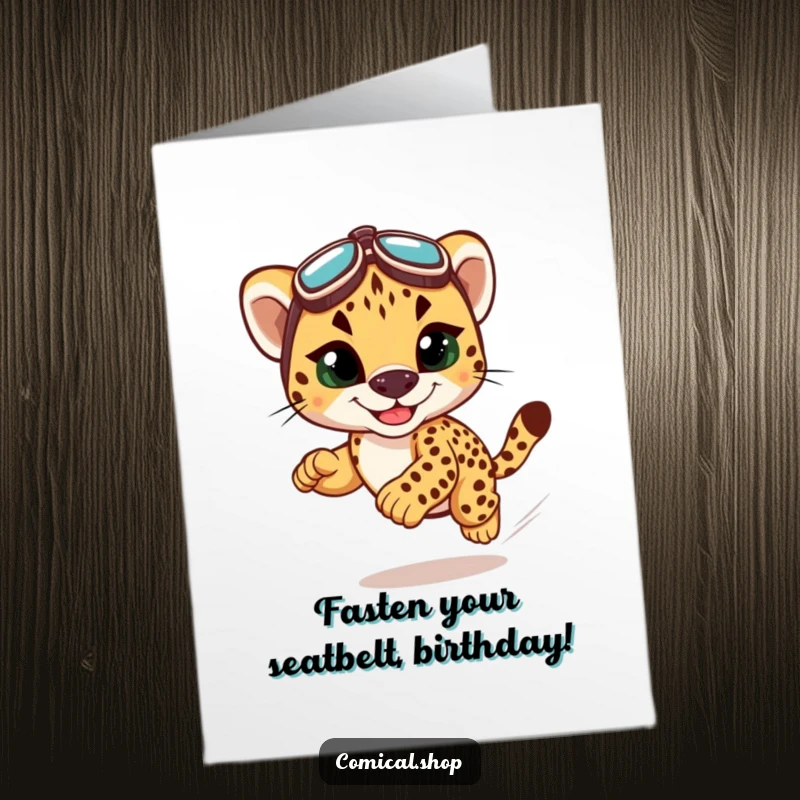Funny Free Printable Birthday Card: A cute cheetah cub wearing tiny racing goggles, speeding with a huge grin for a birthday wish.