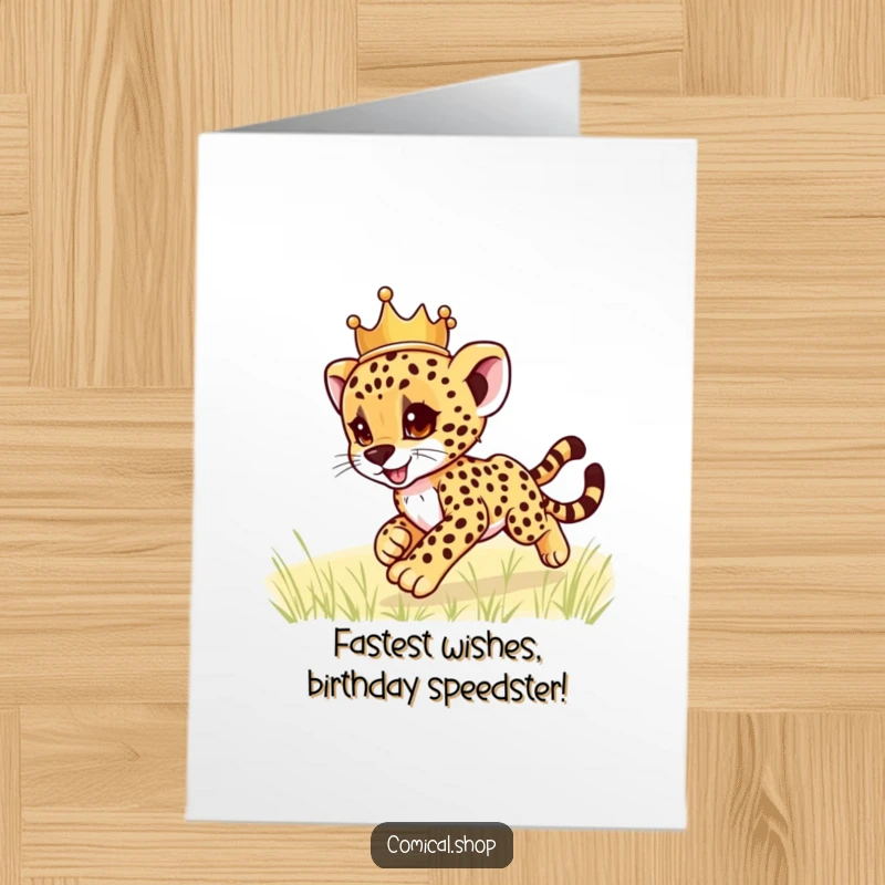 Funny Free Printable Birthday Card: Cute cheetah cub with a crown zooms playfully, ready to deliver birthday wishes.