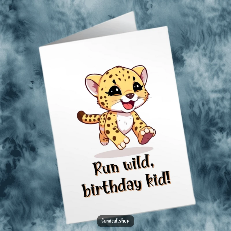 Funny Free Printable Birthday Card: A speedy cheetah cub running with abandon, leaving joyful motion streaks, celebrating with pure happiness.