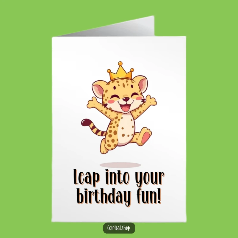 Free Printable Birthday Cheetah Card: Crowned Cub Leap Downloadable Gift