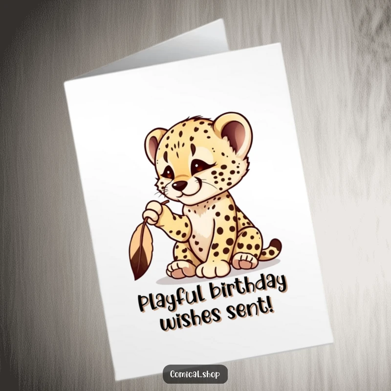 Funny Free Printable Birthday Card: A cheetah cub playfully bats at a dangling feather with excitement.