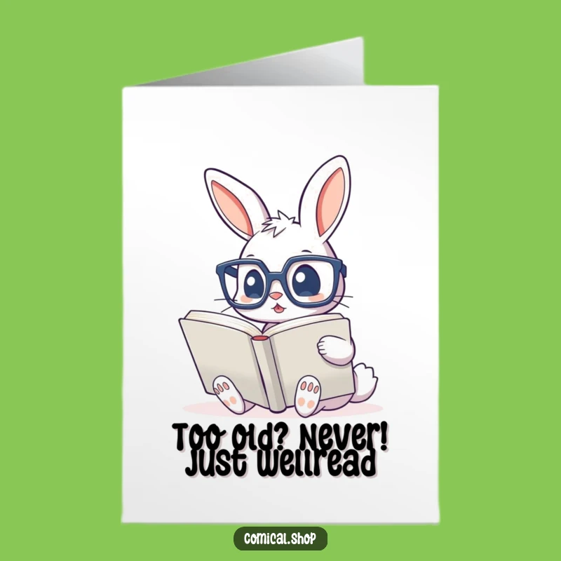 Free Printable Bunny Birthday Card: Adorable Glasses-Wearing Rabbit Reading Funny Downloadable Gift