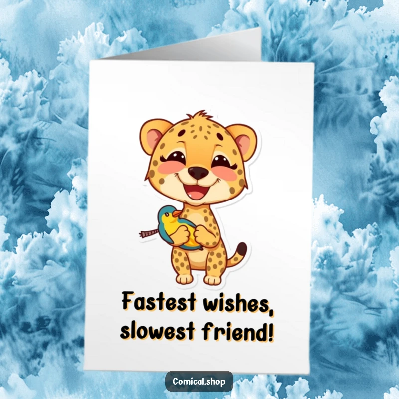 Funny Free Printable Birthday Card featuring a smiling cheetah carrying a colorful bird, ready to deliver birthday cheer.