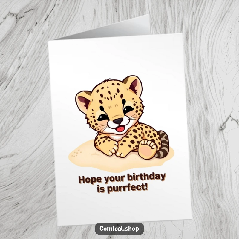 Funny Free Printable Cheetah Cub Birthday Card, Cub Rolling in Sand, Wild Celebration