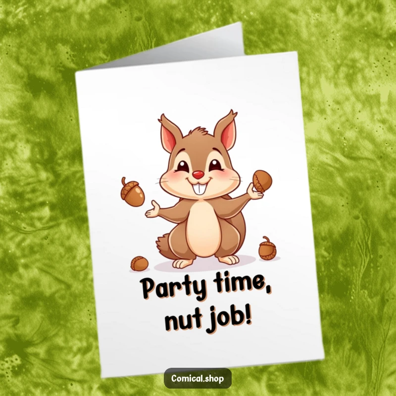 Funny Free Printable Birthday Card: A mischievous squirrel with a huge grin juggles acorns, celebrating a nutty birthday with downloadable cheer.