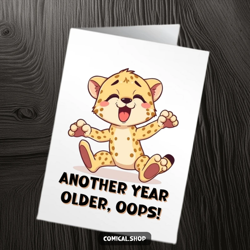Funny Free Printable Birthday Card of a cheetah tripping, exclaiming 'Yelp!' – a hilarious greeting.