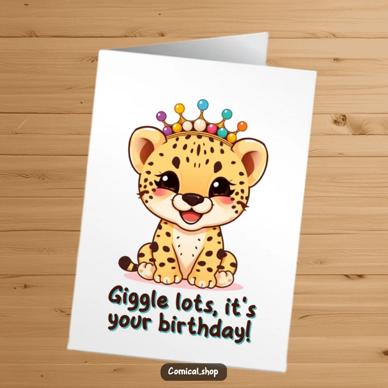 Funny Free Printable Birthday Card: Giggling cheetah cub with a beaded crown celebrates birthdays with joy.