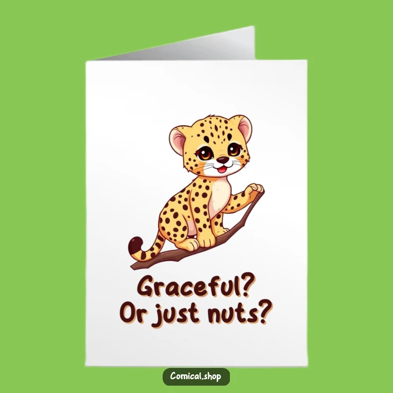 Free Printable Birthday Card: Graceful Cheetah Cub Balancing Fun Downloadable Gift
