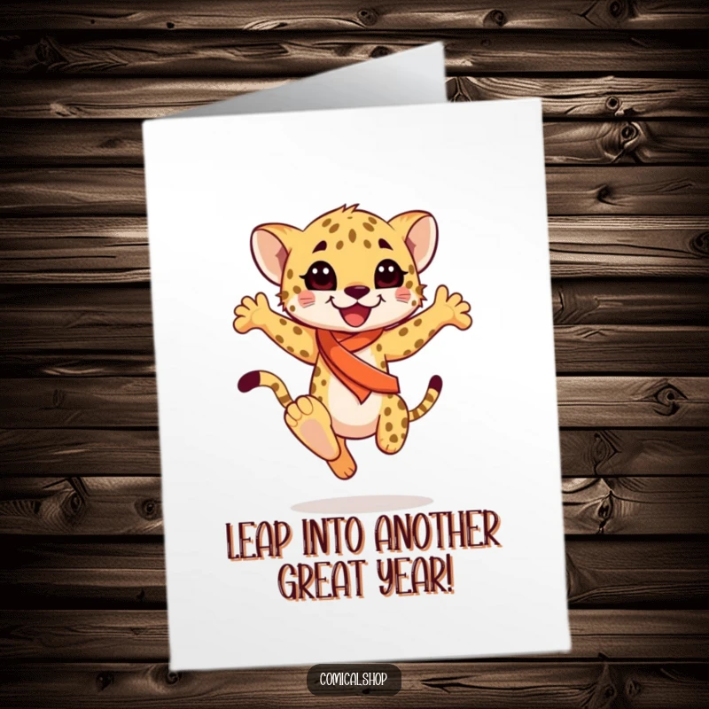 Funny Free Printable Birthday Card: Happy cheetah cub with a sash performs a graceful leap for birthday wishes.