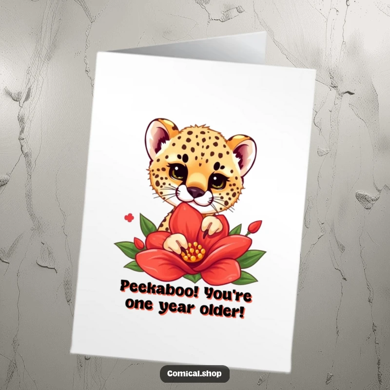 Funny Free Printable Birthday Card: Cheetah cub playfully peeking from behind a vibrant red flower, a sweet surprise for a special day.