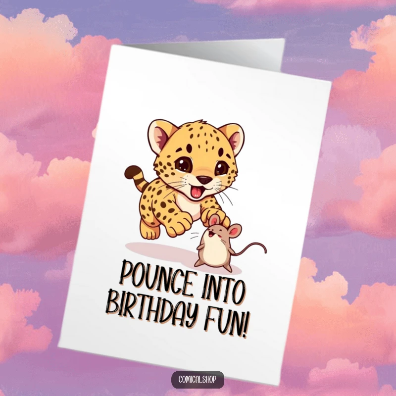 Funny Free Printable Birthday Card: An excited cheetah cub playfully pouncing on a bouncing toy mouse, embodying pure joy.