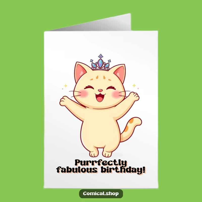 Free Printable Cat Birthday Card: Twirling Tiarad Cat Royal Wishes Printable Gift