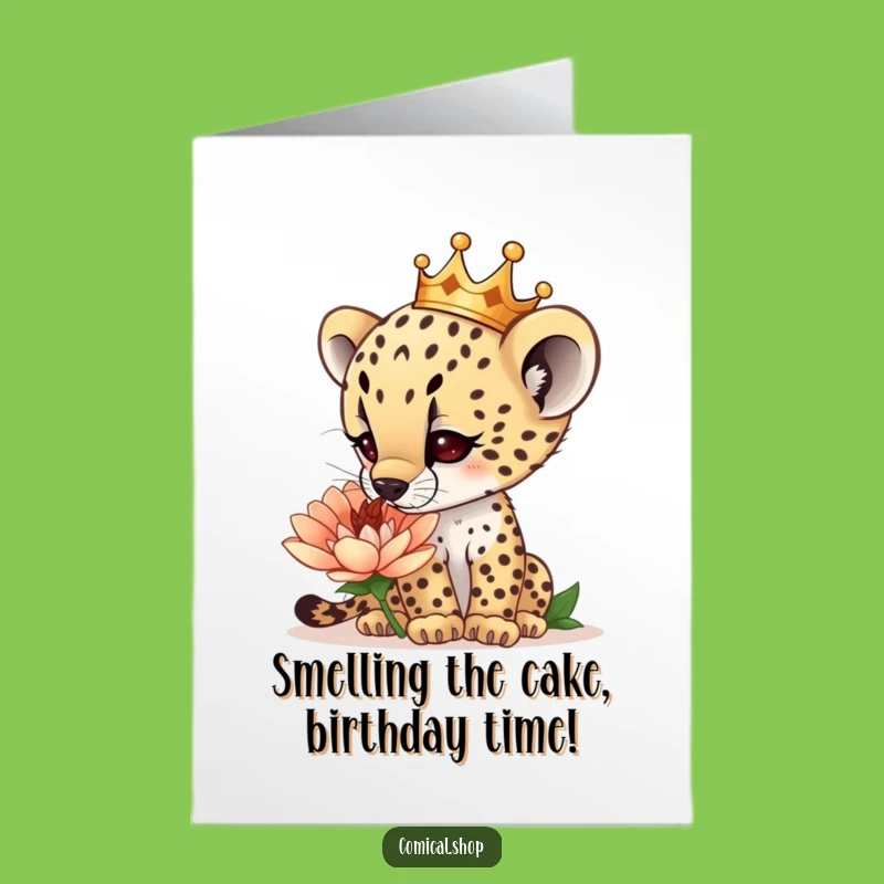 Free Printable Birthday Card: Cheetah Crown Flower Sniff - Funny Downloadable Gift
