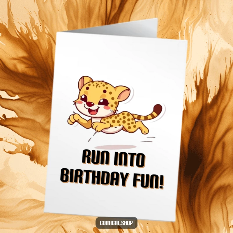 Funny Free Printable Birthday Card: A smiling cheetah in mid-stride, sprinting with remarkable speed and elegant, effortless grace.