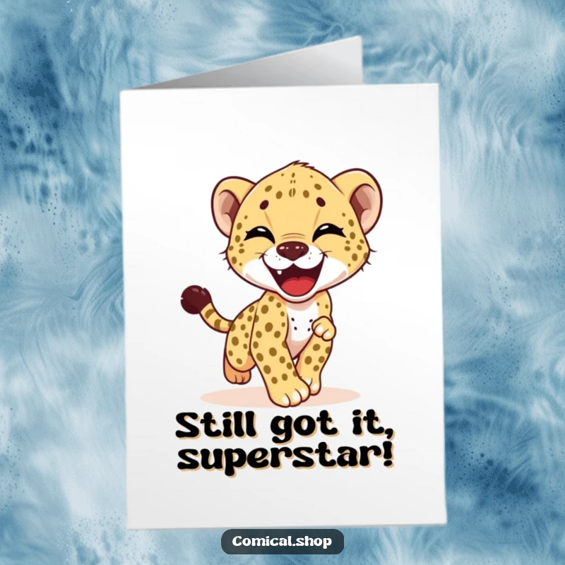 Funny Free Printable birthday card: A giggling cheetah cub joyfully chases its tail, radiating pure, uncontainable happiness.